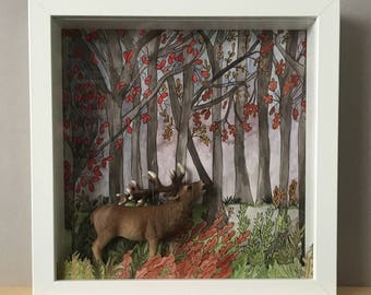 Diorama frame with original hand-painted décor and miniature of a deer.