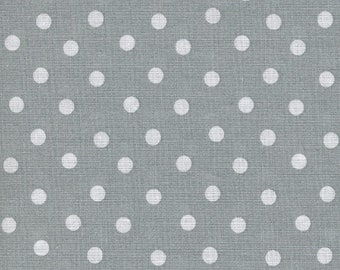 Printed cotton fabric with white polka dots on light grey background