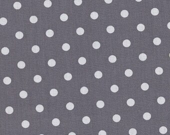 Printed cotton fabric with white polka dots on a grey background