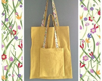 Set of two straw yellow washed linen tote bags and Liberty Patsy