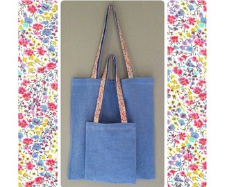 Light blue washed linen tote bags and Liberty Phoebe sweetie
