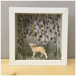 Diorama frame with original hand-painted décor and miniatures of a lamb image 1