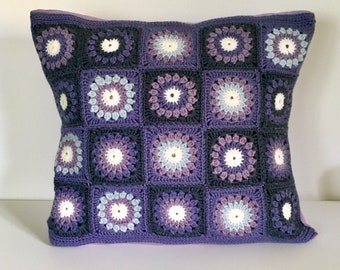 Cushion 35x35 handmade crocheted, merino wool and washed linen, parma tones
