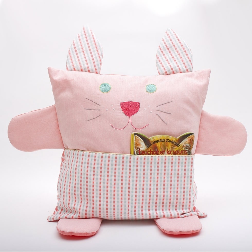Coussin Chat Brodé en Tissu Bio Rose Pêche