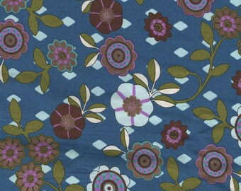 Tissu coton fleurs aux tons pourpres sur fond bleu pétrole