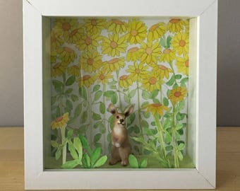 Diorama frame with original hand-painted décor and miniatures of a hare.