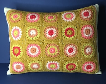 Cushion 30x40 handmade crochet, cotton thread and old linen, golden tones