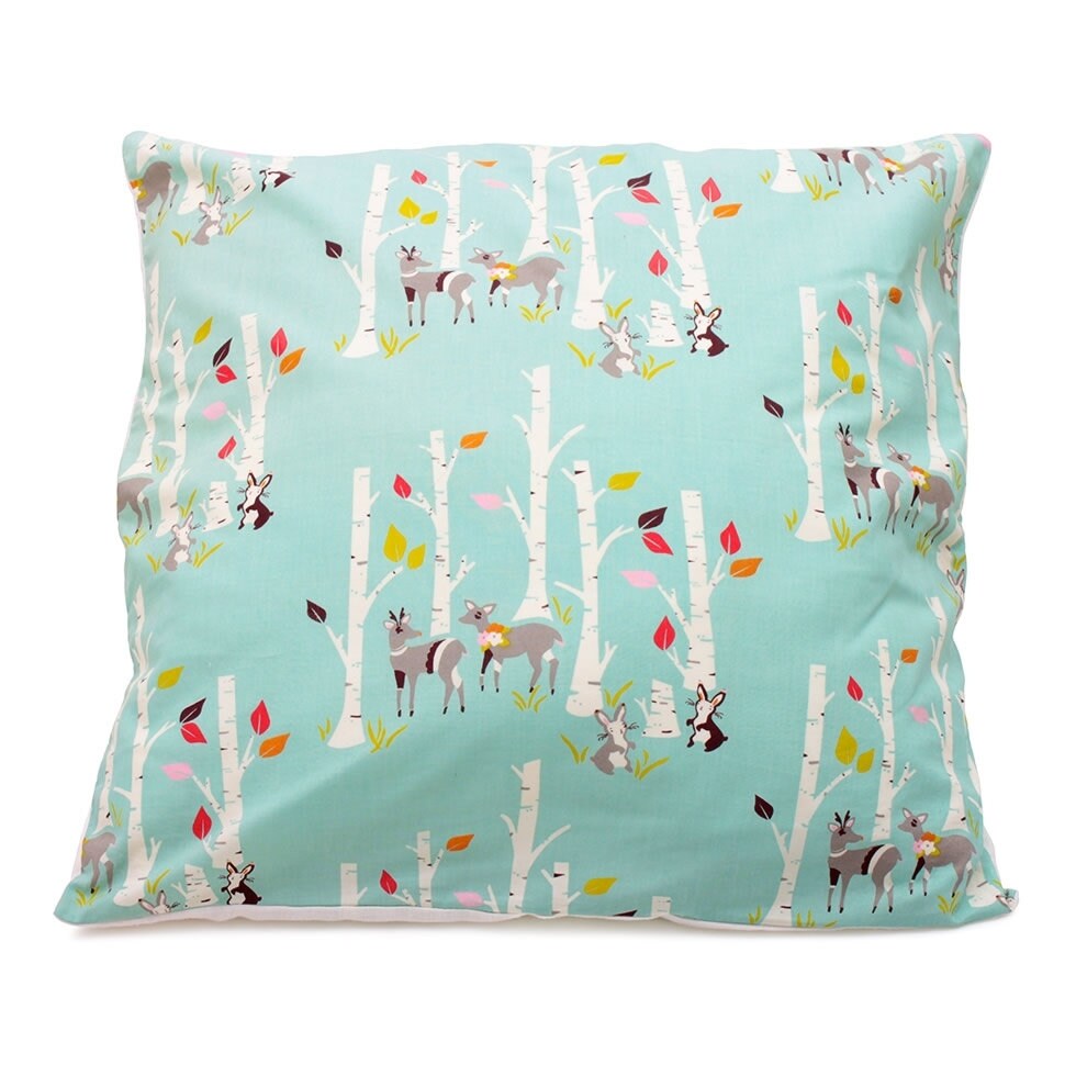 Housse de Coussin Turquoise Motifs Lapins et Biches