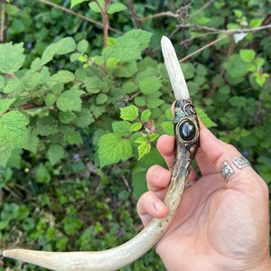 May include: A handcrafted wand with a curved antler handle. The wand features a decorative metal band with a black stone and a clear crystal point. The background is a lush green foliage.
