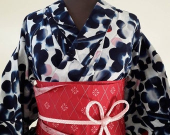 Fantastic Lilly flowers and dots in white,  Yukata kimono with an assorted obi belts