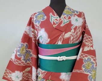 Pink and purple Lilly flowers with ribbon stripes, Yukata kimono with an assofted obi belts