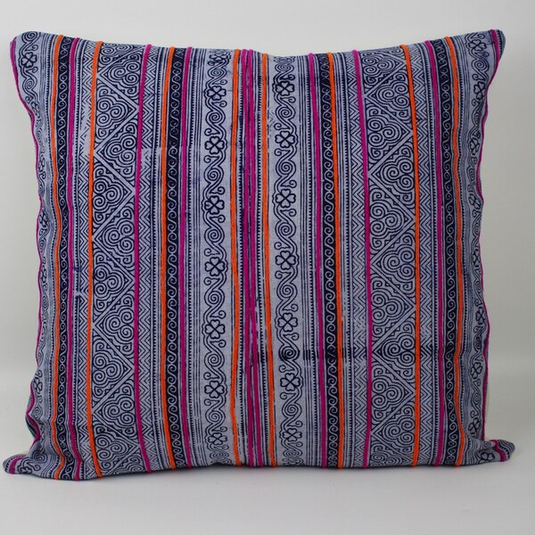 20"  Throw Pillow Cover made from Vintage Hmong Fabric Handprint and Embroidered 51430