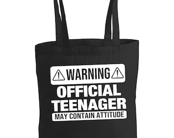 Warning Official Teenager May Contain Attitude Reusable Gift Bag, 13th Birthday Reusable Tote Bag, Shoulder Bag, 13th Birthday Gift Bag