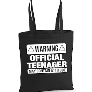 Warning Official Teenager May Contain Attitude Reusable Gift Bag, 13th Birthday Reusable Tote Bag, Shoulder Bag, 13th Birthday Gift Bag
