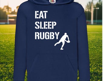 Rugby Hoodie for Kids, Eat Sleep Rugby Sweatshirt, Boys Girls Hooded Jumper, Rugby Fan Gift, Birthday or Christmas Present
