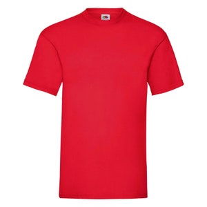 May include: A plain red t-shirt with short sleeves and a crew neck.