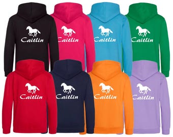 Personalised Girl's Horse Riding Hoodie, Custom Name Printed Sweatshirt, Pony Birthday or Christmas Gift