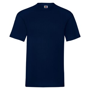 May include: A plain navy blue t-shirt with short sleeves.