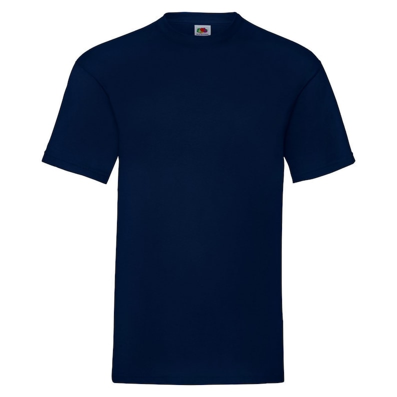 May include: A plain navy blue t-shirt with short sleeves.