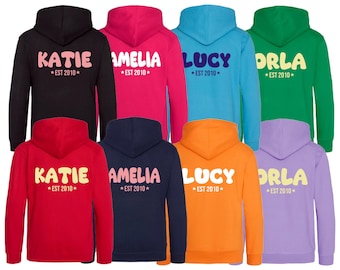 Felpa con cappuccio personalizzata con nome e font Bubble, testo e anno di fondazione, taglie per bambini e adulti