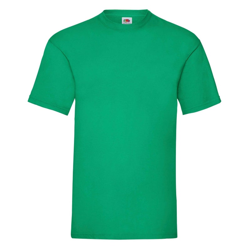 May include: A plain green t-shirt with short sleeves and a crew neck.