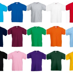 May include: Twenty plain t-shirts in a variety of colors, including blue, red, green, black, white, and yellow. The shirts are all short-sleeved and have a crew neck.
