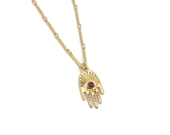 Grigri hand necklace Amethyst, gilded with 24-carat fine gold, original Marine Mistake creation.