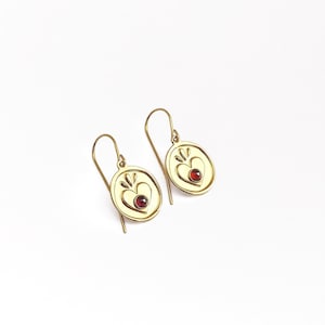 Garnet Sacred Heart earrings, gilded with 24 carat fine gold, original creation by Marine Mistake.