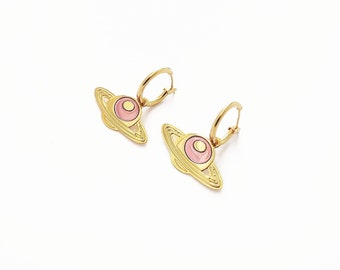 Saturn enamelled hoop earrings gilded with 24 carat fine gold, original Marine Mistake creation.
