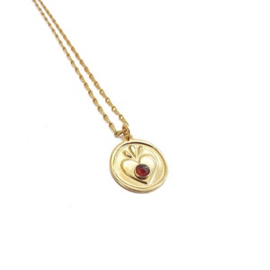 Garnet Sacred Heart medal necklace, gilded with 24-carat fine gold, original creation by Marine Mistake.