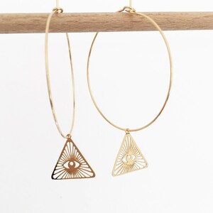 &quot;I SEE U&quot; gold hoop earrings, triangle eye, lucky charm, protection