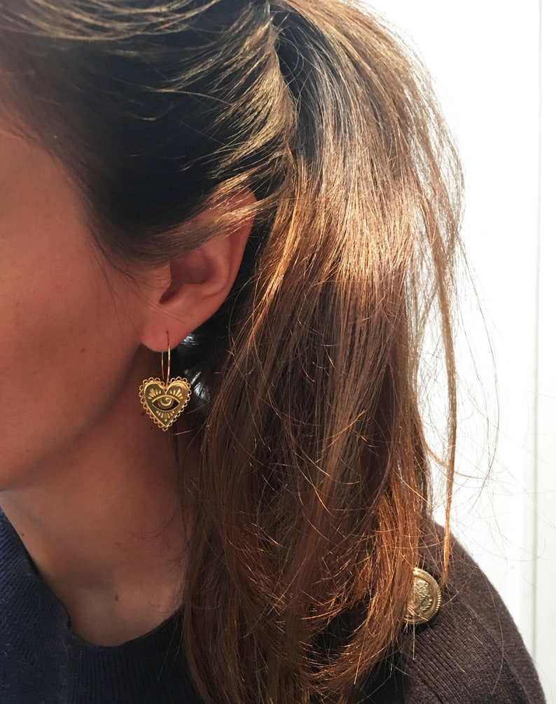 Milagro hoop earrings, hoop earrings gilded with 24 carat fine gold, original creation. Marine Mistake sacred hearts hoop earrings. image 3