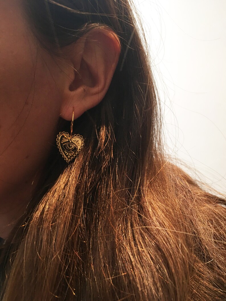 Milagro hoop earrings, hoop earrings gilded with 24 carat fine gold, original creation. Marine Mistake sacred hearts hoop earrings. image 4
