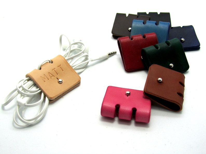 Cable organizer, Personalized Initial, leather cable tidies, Cable Winder, USB, Earphone holder, mother's day gift, father's day , kids image 1