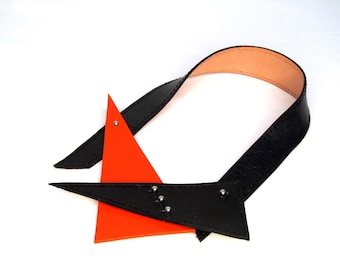 Geometric Upcycled Leather Bib Necklace handmade : Black, Orange or Yellow Studded Jewellery