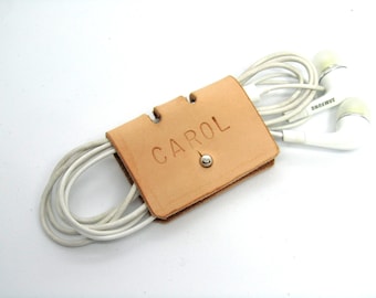 Personalized handmade Leather Cable Organizer: Embossed Cord Keeper, cable tidy, Valentines day gift