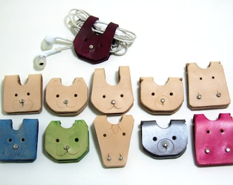 Cable organizer, leather animal cord holder,Leather anniversary,Cable Winder, USB,cable holder, Earphone holder, Rabbit, Mother's day,