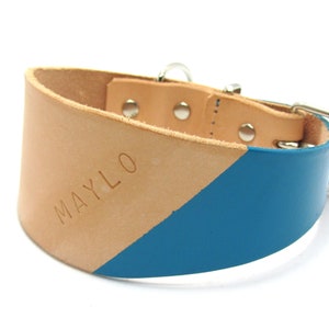 May include: A leather dog collar with a natural tan and teal blue color block design. The word "MAYLO" is embossed on the tan portion. The collar has a metal buckle and D-ring.