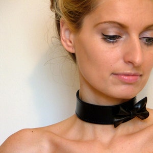 Black leather choker with bow tie,leather necklace, gift for her,statement jewelry, burlesque, bow tie necklace, sexy,birthday gift