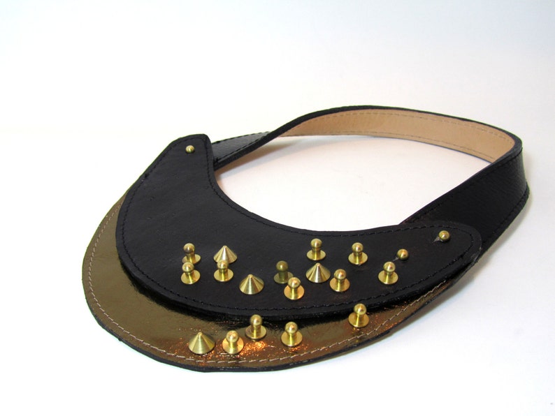 Leather bib necklace with studs, Black and gold studded leather bib necklace, Steampunk necklace, statement necklace, gift for her, unisex image 3