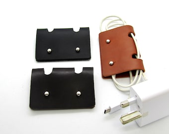 Personalized handmade Leather Cable Organizer: Full Grain Cord Holder, charger cable holder, computer cable tidy
