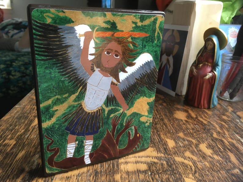 5 X 7 ish Saint Michael the Archangel Byzantine Folk Icon style on wood