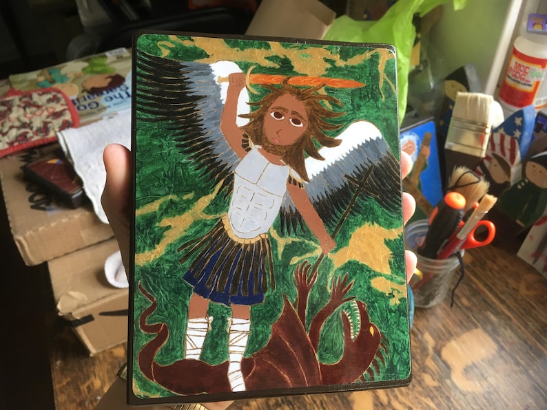 5 X 7 ish Saint Michael the Archangel Byzantine Folk Icon style on wood
