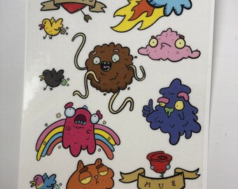 A6 Cartoon Temporary Tattoo Sheet // 10 Designs, 20 Tattoos (2 sheets) // Fun Tattoos // Skin Art // Funny Tattoos