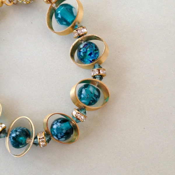 Turquoise Blue Glass Beaded Bracelet, Beaded Bracelet with rhinestone,Valentines Day Bracelet