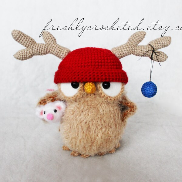 Owl in the Reindeer Hat and little Mouse, crochet owl, owl decor, MADE TO ORDER