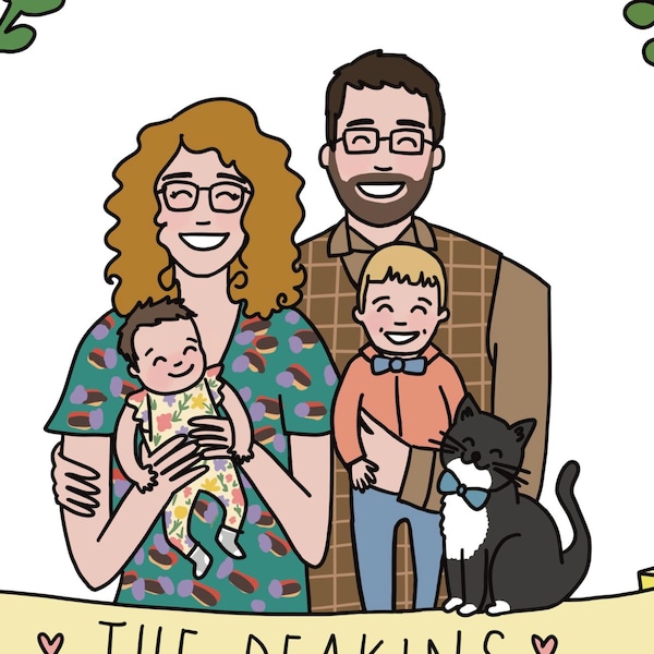 Customised Family Portrait - 4 People & Pets Illustration for Weddings, Anniversaries, Birthdays