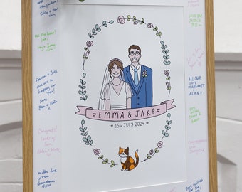 Wedding Guest Book Alternative - Digital File Only - with Personalised Couple Illustration - Signing Board for Wedding