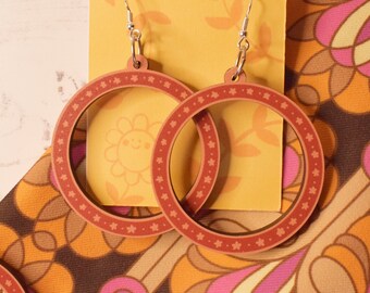 Floral Hoop Earrings - 70s hippie boho style - Wooden with Sterling Silver