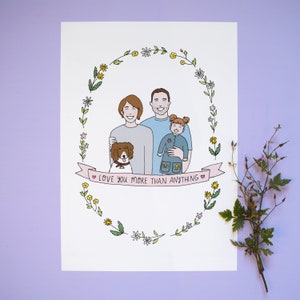 Personalised Family of Three Illustration Family of 3 People and Pets image 1